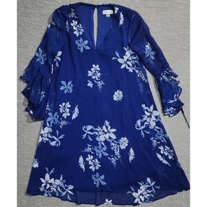 Calvin Klein Blue Floral Chiffon Ruffle Bell Sleeve Shift Dress Size 2